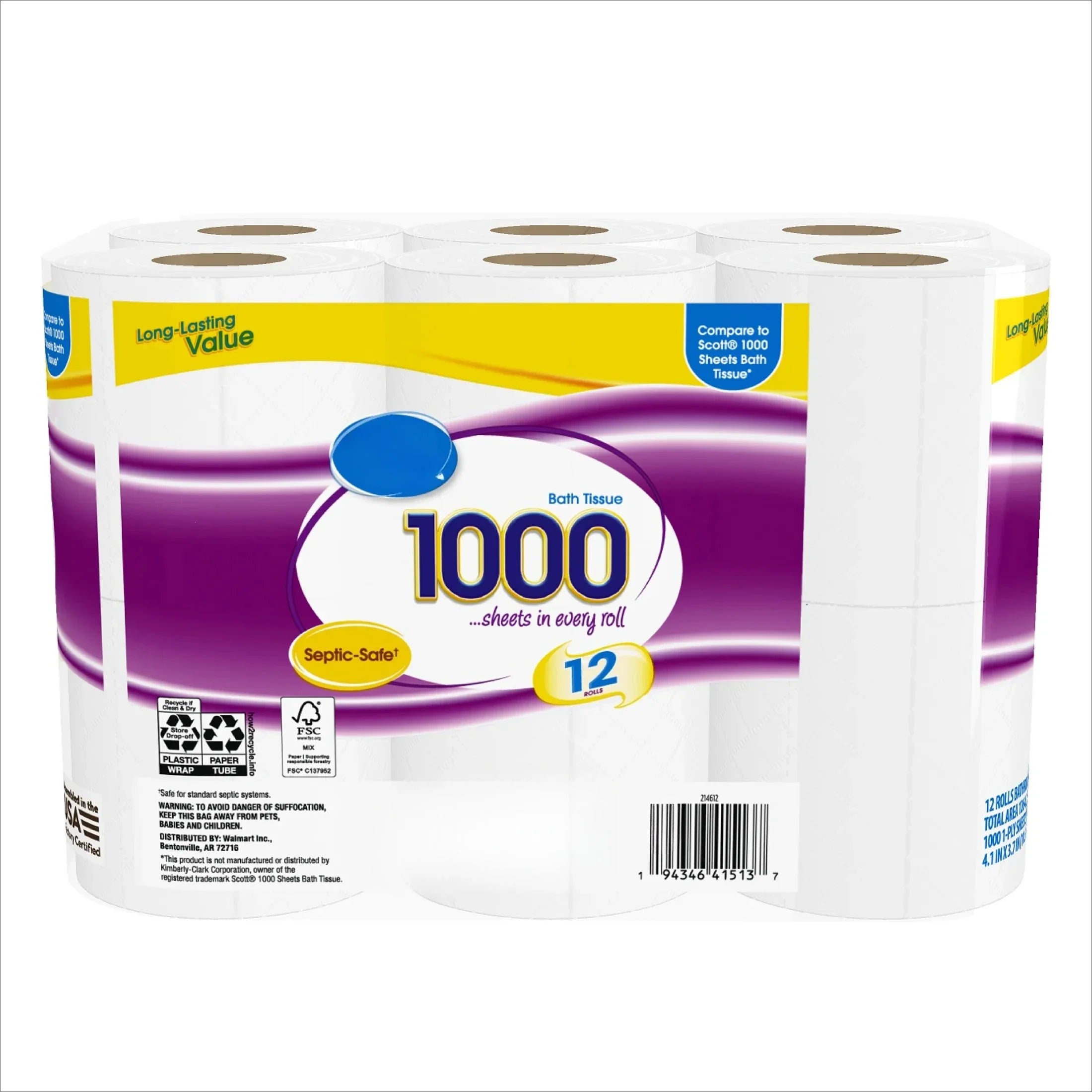 1000 Sheets per Roll Toilet Paper, 12 Rolls, Compare to Scott 1000 Sheets Bath Tissue